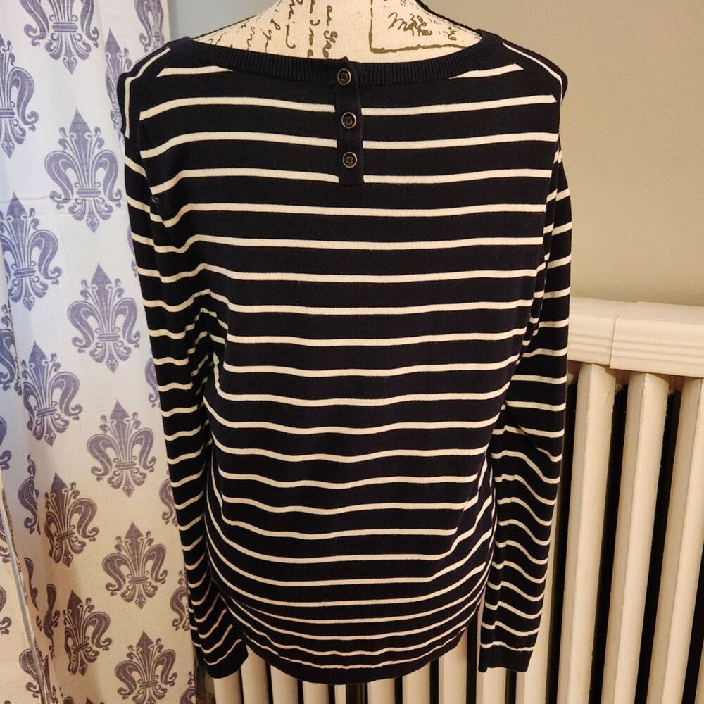 Talbots Smart Striped Corgi Sweater, Navy + White, Back Buttons, British, Sz M - Picture 3 of 9